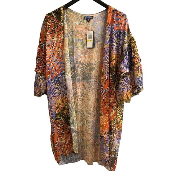 Democracy Kimono‎ Womens M Floral Botanical Pint Tiered Ruffle Sleeve Lace Artsy - Picture 2 of 9